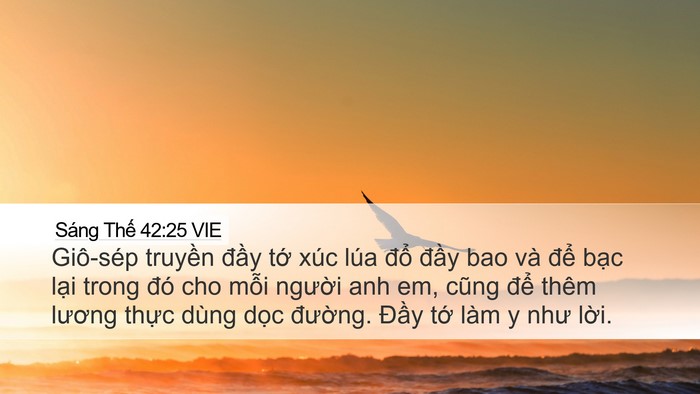 Sáng Thế 42:25 VIE Desktop Wallpaper - Giô-sép truyền đầy tớ xúc lúa đổ - Desktop Bible Verse Wallpaper