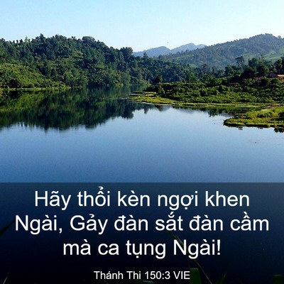 Picture 03 - Thánh Thi 150:3 VIE - Hãy thổi kèn ngợi khen Ngài, Gảy đàn - Bible Verse Picture