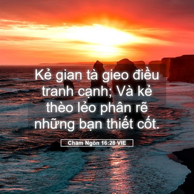 Picture 05 - Châm Ngôn 16:28 VIE - Kẻ gian tà gieo điều tranh cạnh; Và kẻ - Bible Verse Picture