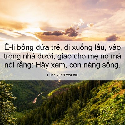 Picture 06 - 1 Các Vua 17:23 VIE - Ê-li bồng đứa trẻ, đi xuống lầu, - Bible Verse Picture